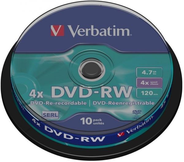 Диск DVD-RW Verbatim 4.7Gb 4x Cake Box (10шт) 43552